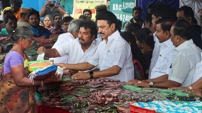 MK Stalin, Chief Minister of Tamil Nadu, hands over essential items to Cyclone Mandous victims at Kasimedu fishing harbour in Chennai. (PTI) MK Stalin, Chief Minister of Tamil Nadu, hands over essential items to Cyclone Mandous victims at Kasimedu fishing harbour in Chennai. (PTI)