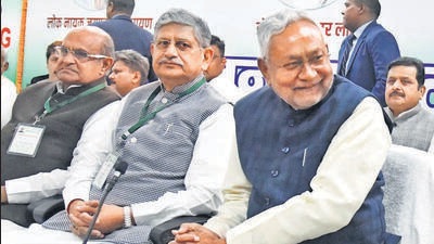 Patna, Bihar, India - Dec. 10, 2022: Bihar Chief Minister Nitish Kumar along with JDU national president Lalan Singh during Janata Dal United (JDU) National Council meeting at JDU office in Patna, Bihar,India, on Saturday, December, 10, 2022. (Photo by Santosh Kumar/ Hindustan Times) Patna, Bihar, India - Dec. 10, 2022: Bihar Chief Minister Nitish Kumar along with JDU national president Lalan Singh during Janata Dal United (JDU) National Council meeting at JDU office in Patna, Bihar,India, on Saturday, December, 10, 2022. (Photo by Santosh Kumar/ Hindustan Times)