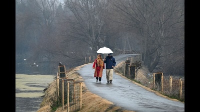 People walk during rainfall in Srinagar on Saturday. (Waseem Andrabi/HT)