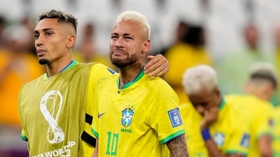 Brazil's Neymar cries at the end of the FIFA World Cup quarter-final match. (AP)