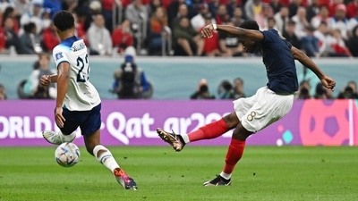 France's Aurelien Tchouameni scores their first goal. (REUTERS)