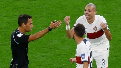 Portugal's Pepe remonstrates with referee Facundo Tello (REUTERS)