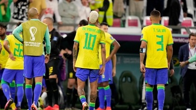 Brazil's Neymar, center, leaves the pitch at the end of the World Cup quarterfinal soccer match between Croatia and Brazil, at the Education City Stadium in Al Rayyan, Qatar, Friday, Dec. 9, 2022. (AP Photo/Darko Bandic) (AP) Brazil's Neymar, center, leaves the pitch at the end of the World Cup quarterfinal soccer match between Croatia and Brazil, at the Education City Stadium in Al Rayyan, Qatar, Friday, Dec. 9, 2022. (AP Photo/Darko Bandic) (AP)