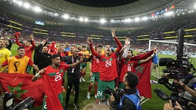 Morocco's players celebrate after beating Portugal 1-0 in the World Cup quarter-final (AP) Morocco's players celebrate after beating Portugal 1-0 in the World Cup quarter-final (AP)