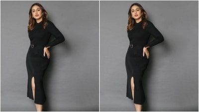 Huma decked up in the black long dress featuring turtle neck details, full sleeves, a black belt with a golden buckle at the waist and one thigh high slit. (Instagram/@iamhumaq) Huma decked up in the black long dress featuring turtle neck details, full sleeves, a black belt with a golden buckle at the waist and one thigh high slit. (Instagram/@iamhumaq)