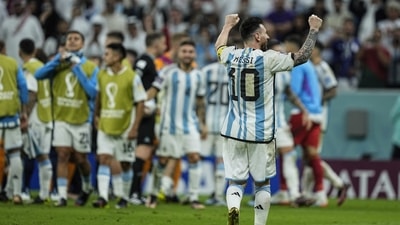 Argentina's Lionel Messi celebrates with teammates at the end of the World Cup quarterfinal soccer match between the Netherlands and Argentina, at the Lusail Stadium in Lusail, Qatar, Saturday, Dec. 10, 2022. Argentina defeated the Netherlands 4-3 in a penalty shootout after the match ended tied 2-2.(AP Photo/Jorge Saenz) (AP) Argentina's Lionel Messi celebrates with teammates at the end of the World Cup quarterfinal soccer match between the Netherlands and Argentina, at the Lusail Stadium in Lusail, Qatar, Saturday, Dec. 10, 2022. Argentina defeated the Netherlands 4-3 in a penalty shootout after the match ended tied 2-2.(AP Photo/Jorge Saenz) (AP)