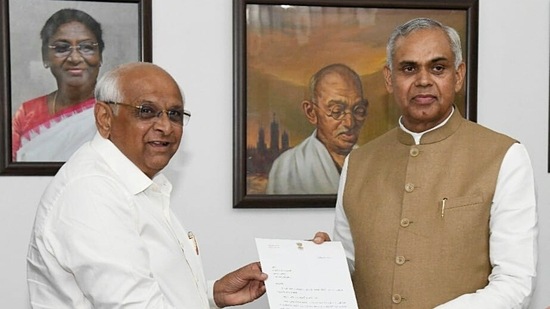 Gujarat Chief Minister Bhupendra Patel submits his resignation to State Governor Acharya Devvrat, in Gandhinagar on December 9.(ANI)