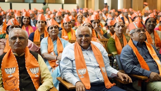 Bhupendra Patel attends the newly-elected Bharatiya Janata Party (BJP) MLAs' meeting at the party office in Gandhinagar on Saturday.(ANI)