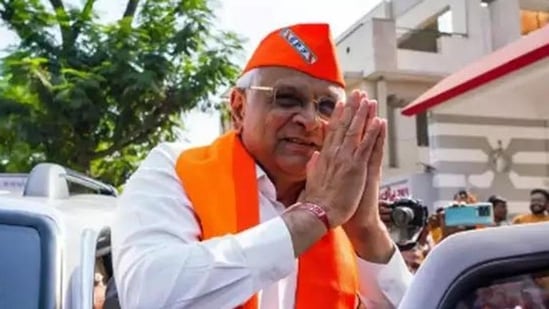Newly elected BJP MLAs selected Bhupendra Patel as the legislative party's leader during a meeting at the party's state headquarters, Kamalam on Saturday.(PTI)