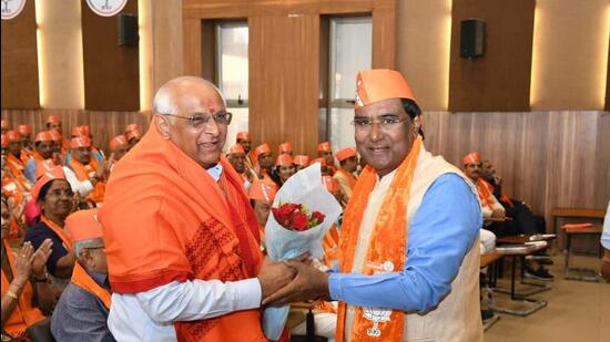 Bhupendra Patel at the party meeting held at the BJP headquarters Shree Kamalam in Gandhinagar (HT Photo) Bhupendra Patel at the party meeting held at the BJP headquarters Shree Kamalam in Gandhinagar (HT Photo)