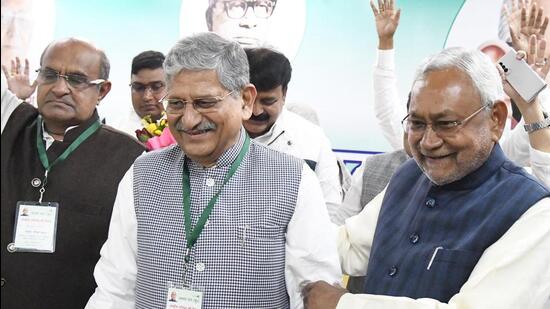 Bihar CM Nitish Kumar with JD-U national president Lalan Singh . (Santosh Kumar/HT)