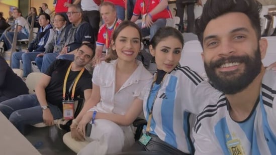 Mouni Roy and her husband Suraj Nambiar seen hanging out with rumoured couple Manushi Chhillar and Nikhil Kamath at the FIFA World Cup match in Qatar on Friday.