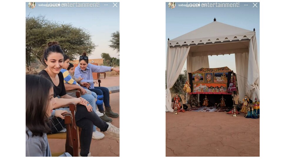 Saba Ali Khan shares video of her family featuring Kareena Kapoor, Taimur Ali Khan, Jehangir Ali Khan, Soha Ali Khan and Inaaya Naumi Kemmu enjoying puppet show via Instagram Stories.