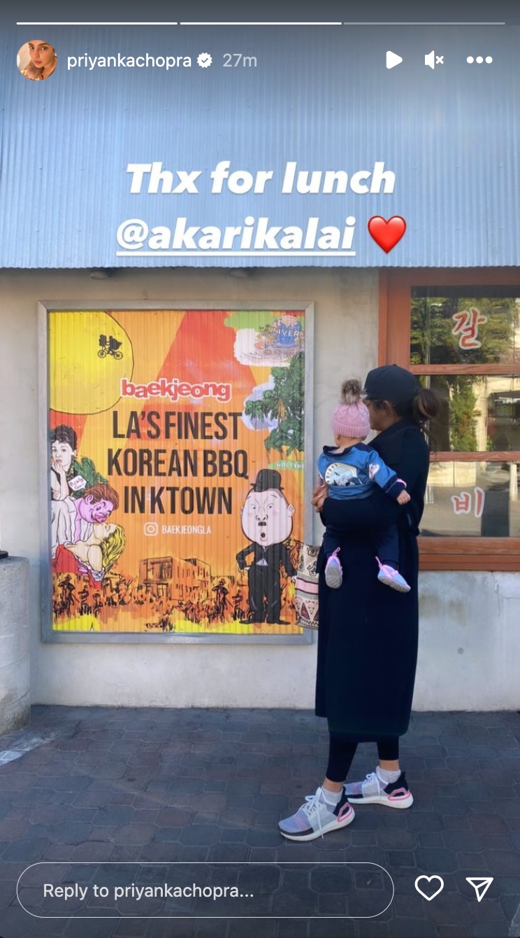 Priyanka Chopra with her daughter at a restaurant.