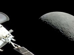 NASA's Orion spacecraft flew past the moon on December 5. The crew capsule and its test dummies will aim for a Pacific Ocean splashdown on Sunday, December 11 off the coast of San Diego after a three-week test flight, setting the stage for astronauts on the next flight in a couple years. (NASA via AP)
