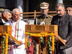 Sukhvinder Singh Sukhu being sworn in as Himachal Pradesh Chief Minister by Governor Rajendra Arlekar at a ceremony in Shimla. (PTI)