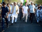 Congress leader Rahul Gandhi with Chhattisgarh chief minister Bhupesh Baghel reaches Mhow, the birthplace of Dr BR Ambedkar, during the party's Bharat Jodo Yatra, in Indore, Madhya Pradesh. (ANI Photo)(AICC) Congress leader Rahul Gandhi with Chhattisgarh chief minister Bhupesh Baghel reaches Mhow, the birthplace of Dr BR Ambedkar, during the party's Bharat Jodo Yatra, in Indore, Madhya Pradesh. (ANI Photo)(AICC)