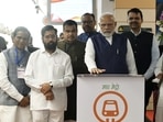 Prime Minister Narendra Modi inaugurates Phase-1 of the Nagpur Metro rail project, as Union Minister for Road Transport and Highways Nitin Gadkari, Maharashtra Chief Minister Eknath Shinde and State Deputy Chief Minister Devendra Fadnavis look on, in Nagpur on Sunday. (ANI Photo)(Narendra Modi Twitter) Prime Minister Narendra Modi inaugurates Phase-1 of the Nagpur Metro rail project, as Union Minister for Road Transport and Highways Nitin Gadkari, Maharashtra Chief Minister Eknath Shinde and State Deputy Chief Minister Devendra Fadnavis look on, in Nagpur on Sunday. (ANI Photo)(Narendra Modi Twitter)