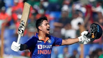 India's Ishan Kishan celebrates after completing his double century during the 3rd ODI match against Bangladesh, at Zahur Ahmed Chowdhury Stadium, in Chattogram on Saturday. (Ishan Kishan Twitter)