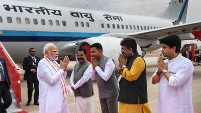 Prime Minister Narendra Modi received by Goa chief minister Pramod Sawant, Union minister Jyotiraditya Scindia and others on his arrival, in Goa. (PTI) Prime Minister Narendra Modi received by Goa chief minister Pramod Sawant, Union minister Jyotiraditya Scindia and others on his arrival, in Goa. (PTI)