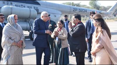 Vice-President Jagdeep Dhankhar arrived in Abohar on Sunday to condole the death of his uncle Raj Singh Bhadoo, who is also BJP leader Vijay Laxmi Bhadoo’s husband. (HT Photo)