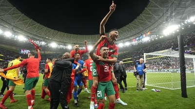 Morocco's players celebrate after winning the World Cup quarterfinal soccer match between Morocco and Portugal, at Al Thumama Stadium in Doha, Qatar, Saturday, Dec. 10, 2022. (AP Photo/Martin Meissner) (AP) Morocco's players celebrate after winning the World Cup quarterfinal soccer match between Morocco and Portugal, at Al Thumama Stadium in Doha, Qatar, Saturday, Dec. 10, 2022. (AP Photo/Martin Meissner) (AP)