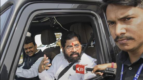Nagpur: Maharashtra Chief Minister Eknath Shinde with Deputy Chief Minister Devendra Fadnavis speaks with the media during his visit to inspect the Mumbai-Nagpur Samruddhi Expressway, in Nagpur, Sunday, Dec. 4, 2022. Prime Minister Narendra Modi will inaugurate the expressway on December 11. (PTI Photo)(PTI12_04_2022_000218B) (PTI)