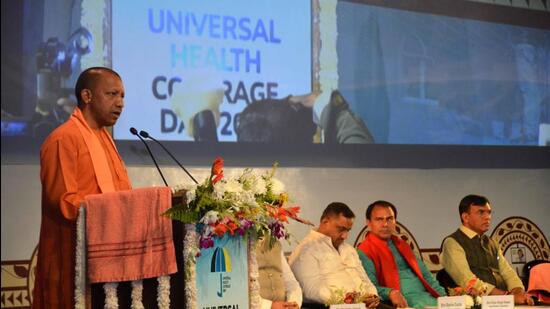 Uttar Pradesh chief minister Yogi Adityanath at a health conference in Varanasi on Sunday. (HT PHOTO)