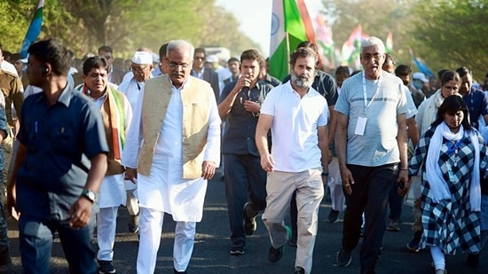 Congress leader Rahul Gandhi with Chhattisgarh chief minister Bhupesh Baghel reaches Mhow, the birthplace of Dr BR Ambedkar, during the party's Bharat Jodo Yatra, in Indore, Madhya Pradesh. (ANI Photo) (AICC)