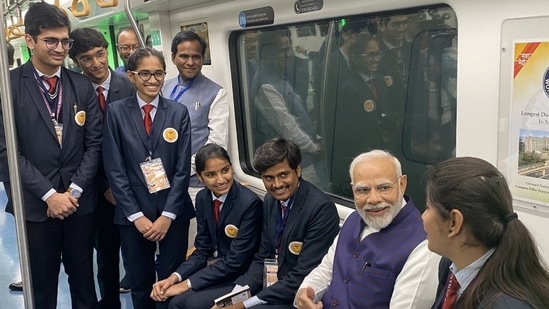 Prime Minister interacting with students from the startup sector on board the Nagpur metro.(PMO)