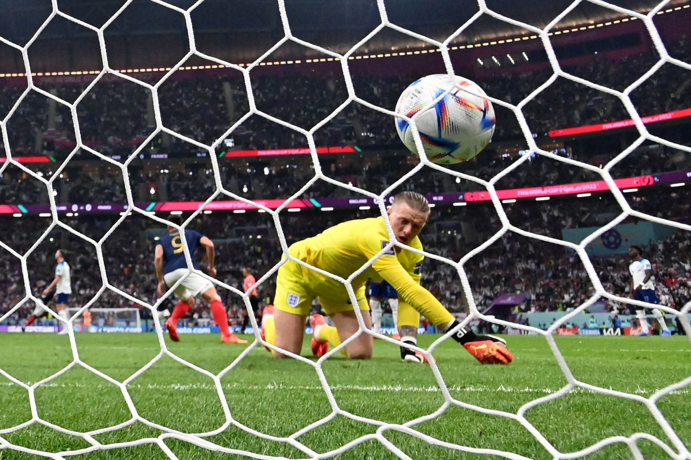 England goalkeeper Jordan Pickford concedes a goal by France midfielder Aurelien Tchouameni(AFP)