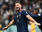 France's forward Olivier Giroud celebrates after he scored during the Qatar 2022 World Cup Group D football match between France and Australia at the Al-Janoub Stadium France's forward Olivier Giroud celebrates after he scored during the Qatar 2022 World Cup Group D football match between France and Australia at the Al-Janoub Stadium