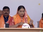 Bhanuben Babariya during the oath taking ceremony in Gandhinagar, Gujarat on Monday, December 12, 2022. (Screengrab/Video/BJP Gujarat Twitter) Bhanuben Babariya during the oath taking ceremony in Gandhinagar, Gujarat on Monday, December 12, 2022. (Screengrab/Video/BJP Gujarat Twitter)
