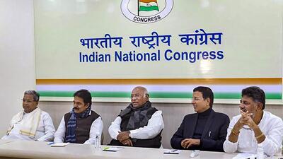 Congress president Mallikarjun Kharge holds a meeting with the party leaders from Karnataka ahead of the upcoming assembly elections in the state, in New Delhi. (PTI) Congress president Mallikarjun Kharge holds a meeting with the party leaders from Karnataka ahead of the upcoming assembly elections in the state, in New Delhi. (PTI)