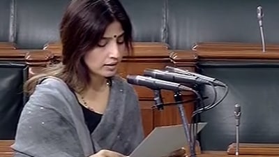 Samajwadi Party leader, from Mainpuri, Dimple Yadav takes oath as a member of the Lok Sabha during the Winter Session of Parliament, in New Delhi, Monday, Dec. 12, 2022. (PTI Photo) (PTI) Samajwadi Party leader, from Mainpuri, Dimple Yadav takes oath as a member of the Lok Sabha during the Winter Session of Parliament, in New Delhi, Monday, Dec. 12, 2022. (PTI Photo) (PTI)