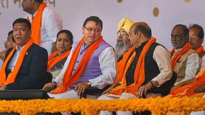 Arunachal Pradesh Chief Minister Pema Khandu, Uttarakhand Chief Minister Pushkar Singh Dhami, Karnataka Chief Minister Basavaraj Bommai and others during the swearing-in ceremony of Gujarat Chief Minister. (PTI)
