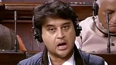 Union civil aviation minister Jyotiraditya Scindia speaks in the Rajya Sabha during the ongoing Winter Session of Parliament, in New Delhi, Monday. (PTI/Videograb)