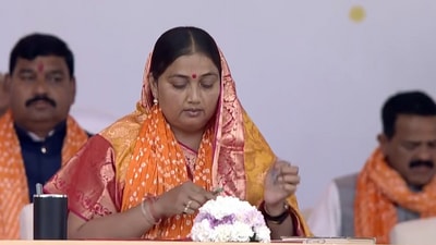 Bhanuben Babariya during the oath taking ceremony in Gandhinagar, Gujarat on Monday, December 12, 2022. (Screengrab/Video/BJP Gujarat Twitter) Bhanuben Babariya during the oath taking ceremony in Gandhinagar, Gujarat on Monday, December 12, 2022. (Screengrab/Video/BJP Gujarat Twitter)