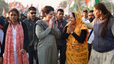 Congress leader Priyanka Gandhi Vadra seen walking along with party workers and women from neighbouring parts of Rajasthan's Bundi on Monday. (Twitter/Congress) Congress leader Priyanka Gandhi Vadra seen walking along with party workers and women from neighbouring parts of Rajasthan's Bundi on Monday. (Twitter/Congress)