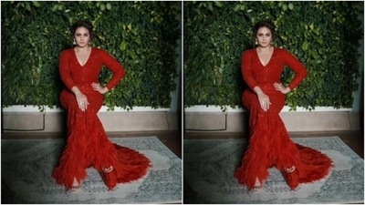 Huma looked perfectly dressed for the awards ceremony in the red sequined gown with full sleeves and a plunging neckline. The gown cascaded to red feather details at the ankles, and gave the ensemble an overall stunning vibe. (Instagram/@iamhumaq) Huma looked perfectly dressed for the awards ceremony in the red sequined gown with full sleeves and a plunging neckline. The gown cascaded to red feather details at the ankles, and gave the ensemble an overall stunning vibe. (Instagram/@iamhumaq)