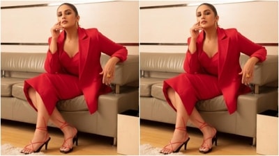 Huma wore a red slip cropped top with a sweetheart neckline, and teamed it with a red pencil skirt. She added more formal vibes to her look with a red formal blazer. (Instagram/@iamhumaq) Huma wore a red slip cropped top with a sweetheart neckline, and teamed it with a red pencil skirt. She added more formal vibes to her look with a red formal blazer. (Instagram/@iamhumaq)