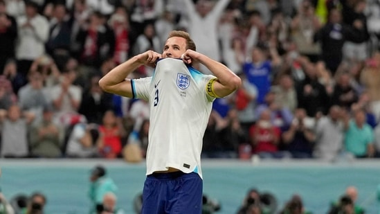 Harry Kane reacts after he missed a penalty during FIFA World Cup quarterfinal match between England and France(AP)