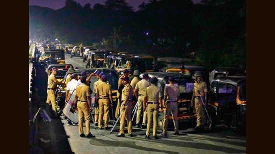 Autorickshaw unions bloc RTO Road during strike on Monday, police take action. (Rahul Raut/HT PHOTO)