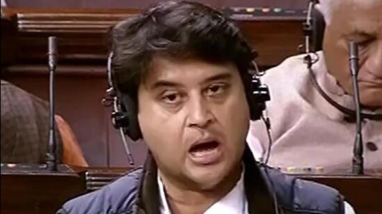 Union civil aviation minister Jyotiraditya Scindia speaks in the Rajya Sabha during the ongoing Winter Session of Parliament, in New Delhi, Monday. (PTI/Videograb)