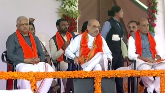 Union Ministers Amit Shah and Rajnath Singh attend Bhupendra Patel's swearing-in ceremony in&nbsp;Gandhinagar.(ANI)