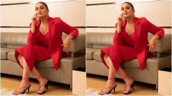Huma wore a red slip cropped top with a sweetheart neckline, and teamed it with a red pencil skirt. She added more formal vibes to her look with a red formal blazer. (Instagram/@iamhumaq)