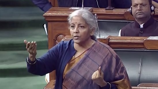 Union finance minister Nirmala Sitharaman speaks in the Lok Sabha during the ongoing Winter Session of Parliament, in New Delhi, Monday, Dec. 12, 2022.(Sansad TV)
