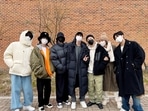 BTS: Jin with V, Suga, Jungkook, Jimin, J-Hope and RM as he begins his military service.