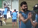 Virat Kohli playfully teased Axar Patel after smashing him for a six(Twitter/Screengrab) Virat Kohli playfully teased Axar Patel after smashing him for a six(Twitter/Screengrab)