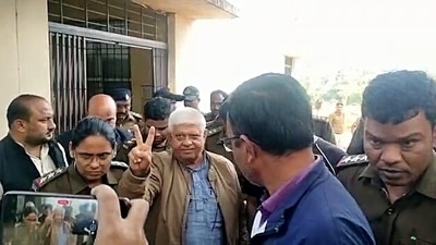 Congress leader Raja Pateriya shows a victory sign after a court rejected his bail plea over his alleged remarks on Prime Minister Narendra Modi, in Panna. (ANI ) Congress leader Raja Pateriya shows a victory sign after a court rejected his bail plea over his alleged remarks on Prime Minister Narendra Modi, in Panna. (ANI )